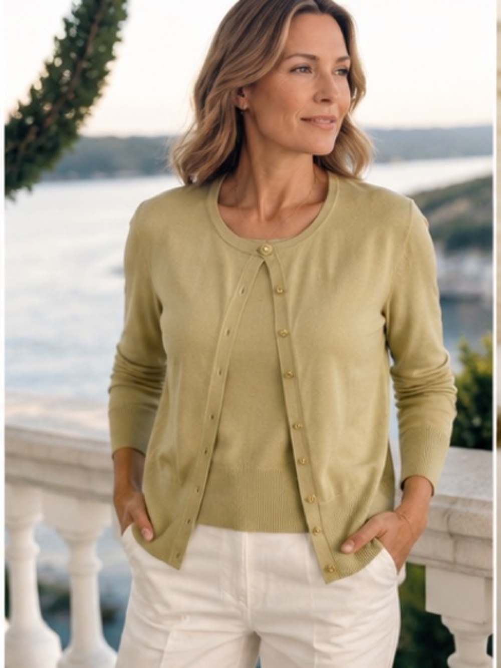 Josephine Chaus Silk Blend Sweater Set M Sage Green Lightweight Knit Twin Set